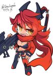  1girl :d absurdres belt black_belt black_gloves black_jacket black_pants breasts chibi cleavage clothing_cutout commentary cropped_jacket crotch_plate dated fang fingerless_gloves full_body gloves goddess_of_victory:_nikke gun hair_between_eyes hair_flaps highres hip_vent holding holding_gun holding_weapon horns jacket kuro_(soreikemofu) large_breasts leather leather_jacket leather_pants leg_cutout long_hair long_sleeves looking_at_viewer mechanical_horns midriff navel open_clothes open_jacket open_mouth over_shoulder pants red_hair red_hood_(nikke) red_jacket red_scarf rifle scarf sidelocks signature simple_background smile sniper_rifle solo standing suspenders teeth twitter_username upper_teeth_only weapon weapon_over_shoulder white_background yellow_eyes 