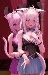  2girls @_@ absurdres ahoge alternate_costume animal_ears aqua_eyes black_vest blue_skirt blush breasts bunny_garden cat_ears cat_girl cat_tail cleavage collar detached_collar fake_animal_ears fox_ears fox_girl fox_tail hand_on_another&#039;s_shoulder hand_on_another&#039;s_waist highres hololive looking_at_viewer medium_hair multiple_girls nekomata_okayu open_mouth playboy_bunny purple_eyes purple_hair purple_skirt rabbit_ears shirakami_fubuki shirata98 skirt smile tail vest virtual_youtuber white_collar white_hair white_wrist_cuffs wrist_cuffs 