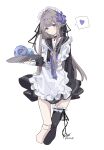 1girl absurdres black_choker blush brown_hair choker doll_joints flower hair_flower hair_intakes hair_ornament heart herta_(honkai:_star_rail) highres holding holding_tray honkai:_star_rail honkai_(series) jewelry joints key key_necklace light_smile long_hair looking_at_viewer maid maid_headdress necklace orb purple_eyes ren_(renjiyu) signature simple_background single_thighhigh solo speech_bubble spoken_heart thighhighs tray white_background 