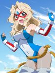  1girl :d blonde_hair blue_eyes blue_gloves blue_leotard blue_sky breasts clenched_hands cloud cosplay covered_navel eye_mask fingerless_gloves girls_und_panzer gloves hair_intakes hands_up highres kamen_america kamen_america_(comic) kamen_america_(cosplay) leotard long_hair looking_at_viewer medium_breasts naotosi open_mouth sky smile solo star_(symbol) star_print superhero_costume thighhighs 