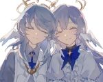  1boy 1girl 77muya blue_bow blue_bowtie blue_hair blush bow bowtie brother_and_sister buttons closed_eyes closed_mouth collared_shirt colored_inner_hair dress feathered_wings frills grey_hair grey_shirt hair_between_eyes halo head_wings honkai:_star_rail honkai_(series) long_hair long_sleeves medium_hair multicolored_hair puffy_short_sleeves puffy_sleeves purple_hair robin_(honkai:_star_rail) shirt short_sleeves siblings sidelocks simple_background smile sunday_(honkai:_star_rail) upper_body vest white_background white_dress white_vest wings ys_gnsn 