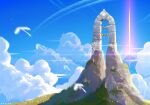  arch artist_name bird blue_sky blurry blurry_foreground chinese_commentary cloud commentary_request day flower highres light_pillar no_humans outdoors pink_flower scenery simple_bird sky sky:_children_of_the_light spbak white_bird yellow_flower 