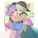  2girls absurdres black_hat blue_shirt blush buttons cheek-to-cheek commentary_request diamond_button flower frilled_sailor_collar frills green_hair hat heads_together heart heart_of_string highres hug komeiji_koishi komeiji_satori long_eyelashes long_sleeves looking_at_another looking_at_viewer multiple_girls pink_flower pink_rose purple_hair rose sailor_collar shirt short_hair siblings sisters skirt smile sugar_you sun_hat third_eye touhou yellow_shirt 