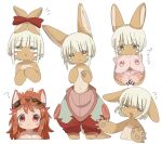  1girl 1other :o ? animal_ears blush body_fur brown_fur colored_eyelashes ear_ribbon flying_sweatdrops furry furry_female goggles goggles_on_head hand_up highres holding jitome looking_up made_in_abyss mitty_(made_in_abyss) mitty_(made_in_abyss)_(furry) multiple_views nanachi_(made_in_abyss) outstretched_arms pants pink_fur pouch puffy_pants rabbit_ears red_hair red_pants red_ribbon ribbon short_hair sidelocks simple_background spread_arms tail uis0 whiskers white_background white_hair yellow_eyes 