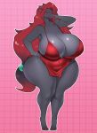  anthro areola areola_slip big_breasts biped black_body breasts cleavage clothed clothing deadpliss dress eyelashes female fur generation_5_pokemon hair hand_on_hip hi_res huge_breasts looking_at_viewer mature_female nintendo pokemon pokemon_(species) pupils red_clothing red_dress red_hair smile solo vintagart zoroark 