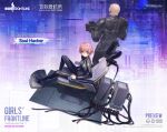  1boy 1girl alternate_costume bald bodysuit boma_(gits) breasts chair crossover cyborg english_text ezaki_purin ghost_in_the_shell ghost_in_the_shell:_sac_2045 girls&#039;_frontline glasses gun holding holding_gun holding_weapon looking_at_viewer machinery official_art pink_hair plugsuit short_hair weapon wire 