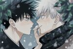  2boys black_eyes black_hair blue_background blue_eyes blurry closed_mouth depth_of_field eye_contact fushiguro_megumi gojou_satoru hand_on_another&#039;s_face highres jujutsu_kaisen leaf looking_at_another male_focus multiple_boys parted_lips pipikeke portrait robe short_hair smile snow undercut white_hair yaoi 