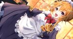  1girl blue_eyes bow bowtie braid date_a_live drill_hair dutch_angle looking_at_viewer maid_headdress open_mouth orange_hair red_bow red_bowtie rorona_rozena sidelocks smile solo yamai_kaguya 