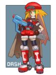  1girl blonde_hair breasts brown_gloves cabbie_hat cape closed_mouth commentary_request copyright_name cropped_jacket dakusuta full_body gloves green_eyes hair_between_eyes hand_on_own_hip hat highres holding holding_weapon long_hair mega_man_(series) mega_man_legends_(series) red_shorts roll_caskett_(mega_man) shorts simple_background smile solo standing torn_cape torn_clothes weapon 