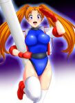  1girl absurdres arm_up athletic_leotard blue_eyes blue_leotard boots breasts brown_hair gloves groin highres jacket leg_up leotard long_hair looking_at_viewer missile nanao_futaba numan_athletics open_mouth red_footwear red_gloves salute sharon_les_halles smile solo standing standing_on_one_leg thighhighs thighs twintails white_jacket white_thighhighs 