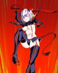  1girl absurdres black_horns black_tail boots breasts cosplay demon_girl demon_horns demon_tail english_commentary helltaker highres horns incoming_attack kamui_(kill_la_kill) kill_la_kill leg_up malina_(helltaker) matoi_ryuuko matoi_ryuuko_(cosplay) medium_breasts porougon red_background red_eyes revealing_clothes scissor_blade senketsu short_hair sword tail thigh_boots thighhighs thighs weapon white_hair 