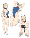  1girl arms_up ass barefoot black_ribbon blonde_hair blue_eyes blue_leotard bow bowtie breasts closed_mouth dead_or_alive gloves hair_ribbon hand_on_own_hip highleg highleg_leotard highres leotard long_hair marie_rose medium_breasts multiple_views red_bow red_bowtie ribbon simple_background sitting toshinoshin twintails white_background 