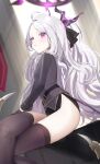  1girl ass black_gloves black_horns black_thighhighs black_wings blue_archive closed_mouth demon_horns demon_wings feet_out_of_frame gloves grey_hair halo highres hina_(blue_archive) horns long_hair long_sleeves looking_at_viewer multiple_horns oomabiblogo2 purple_eyes sitting solo thighhighs wings 