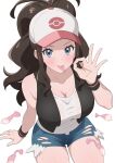  1girl :p alternate_breast_size baseball_cap black_vest black_wristband blue_eyes breasts brown_hair cleavage condom cum denim denim_shorts fellatio_gesture fluffy_hair hand_up hat high_ponytail highres hilda_(pokemon) huet-pc large_breasts long_hair looking_at_viewer multiple_condoms poke_ball_print pokemon pokemon_bw short_shorts shorts simple_background sitting solo sweat tank_top thighs tongue tongue_out torn_clothes torn_shorts used_condom very_long_hair vest wavy_hair white_background white_tank_top 