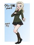  1girl 2023 ;d birthday black_footwear black_skirt black_socks blonde_hair blue_background blue_eyes character_name clara_(girls_und_panzer) commentary dated full_body girls_und_panzer green_jacket hand_on_own_chest jacket loafers long_hair long_sleeves looking_at_viewer miniskirt one_eye_closed open_mouth pleated_skirt pravda_school_uniform reaching reaching_towards_viewer red_shirt school_uniform shirt shoes skirt smile socks solo standing takahashi_kurage translated turtleneck 