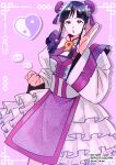  1girl ace_attorney beads black_eyes black_hair bun_cover chinese_clothes double_bun drop_shadow eyelashes hair_beads hair_bun hair_ornament highres long_hair looking_at_viewer magatama maya_fey open_mouth pink_background rat_nkmi solo twitter_username wide_sleeves yin_yang 