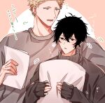  2boys black_eyes black_hair blonde_hair blush given green_eyes grey_sweater hair_between_eyes highres holding holding_paper kaji_akihiko leaning_on_person long_hair looking_at_another male_focus motion_lines multiple_boys murata_ugetsu paper pinoli_(pinoli66) sweater translation_request very_long_hair white_background yaoi 