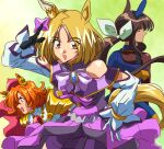  1990s_(style) 3girls :d admire_vega_(umamusume) animal_ears anime_coloring asymmetrical_gloves bare_shoulders black_gloves blonde_hair bow bowtie brown_hair cape crown dress ear_covers ear_ornament gloves hair_ribbon hand_on_own_hip highres horse_ears horse_girl long_hair long_sleeves looking_at_viewer low_ponytail mini_crown mismatched_gloves multiple_girls narita_top_road_(umamusume) off-shoulder_dress off_shoulder orange_hair pink_cape purple_bow purple_bowtie purple_eyes retro_artstyle ribbon short_hair sin_emu single_ear_cover smile t.m._opera_o_(umamusume) umamusume umamusume:_road_to_the_top white_gloves white_ribbon 