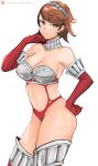 1girl :t absurdres alternate_breast_size armor bare_shoulders bikini bikini_armor blush breastplate breasts brown_eyes brown_hair cleavage closed_mouth cowboy_shot gloves hand_on_own_hip hand_up highres large_breasts leg_armor looking_at_viewer navel nero_watch patreon_logo patreon_username persona persona_3 pout red_bikini red_gloves short_hair simple_background solo stomach swimsuit takeba_yukari web_address white_background 