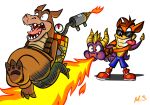  activision anthro bandicoot bottomwear breath_powers burning butt_on_fire canid canine canis clothed clothing crash_bandicoot crash_bandicoot_(series) crocodile crocodilian crocodylid dingo dingodile dragon elemental_manipulation eyewear feral fingerless_gloves fire fire_breathing fire_manipulation flamethrower footwear gloves group hand_on_butt handwear horn magzieart male mammal marsupial microsoft mythological_creature mythological_scalie mythology pain pants ranged_weapon reptile scalie shoes spyro spyro_the_dragon sunglasses tail tongue tongue_out topless trio weapon xbox_game_studios 