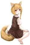  1girl animal_ear_fluff animal_ears asymmetrical_hair bangs barefoot belt black_belt blonde_hair blush brown_dress collared_shirt commentary_request cookie_(touhou) dress fang fox_ears fox_girl fox_tail full_body haiperion_buzan hair_between_eyes looking_at_viewer looking_back medium_hair miramikaru_riran open_mouth pinafore_dress red_eyes shirt short_sleeves sidelocks simple_background sitting smile solo tail white_background white_shirt 