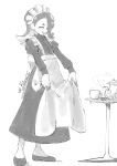  1girl alternate_costume apron apron_hold artist_name back_bow bow candy_wrapper closed_eyes commentary cup dress earrings enmaided frilled_apron frills full_body greyscale grin hair_over_one_eye highres jewelry juliet_sleeves kiora06 long_dress long_hair long_sleeves maid maid_apron maid_headdress monochrome multiple_earrings octoling one_eye_covered puffy_sleeves shiver_(splatoon) smile solo splatoon_(series) splatoon_3 standing steam suction_cups teacup teapot tentacle_hair tooth_earrings 