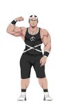  1boy absurdres bandana bara biceps black_shorts black_tank_top blue_eyes blue_hair closed_mouth commission flexing highres jewelry large_pectorals looking_at_viewer male_focus muscular muscular_male necklace original pectorals pose sgt_crisis short_hair shorts smile solo tank_top wristband 