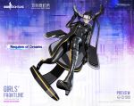  1girl alternate_costume black_bodysuit black_gloves black_hair bodysuit boots chair character_name english_text ghost_in_the_shell ghost_in_the_shell:_sac_2045 girls&#039;_frontline glasses gloves hair_bun high_heel_boots high_heels looking_at_viewer mizukane_suzuka official_art on_chair pale_skin red_eyes solo 