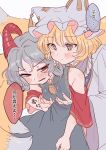  2girls animal_ears blonde_hair blue_dress blush_stickers closed_eyes commentary_request curled_horns detached_sleeves dress earrings fox_ears fox_girl fox_tail grey_hair groping hat highres hoop_earrings horns jewelry masanaga_(tsukasa) multiple_girls multiple_tails red_eyes red_horns speech_bubble tail touhou toutetsu_yuuma translation_request white_hat yakumo_ran yellow_eyes yuri 