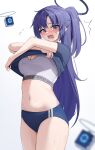  1girl blue_archive blue_buruma blue_eyes blurry blurry_background blush breasts buruma cleavage clothes_lift cowboy_shot crossed_arms embarrassed flustered halo high_ponytail highres large_breasts lifted_by_self long_hair looking_at_viewer navel nenight open_mouth panicking purple_hair raised_eyebrows shirt_lift solo sports_bra star_sticker sticker_on_face stomach sweat undressing very_long_hair yuuka_(blue_archive) yuuka_(track)_(blue_archive) 