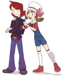  1boy 1girl absurdres blue_overalls blush brown_hair crossed_arms full_body hand_on_another&#039;s_shoulder hat highres kneehighs lyra_(pokemon) open_mouth overalls pokemon pokemon_hgss red_footwear red_hair signature silver_(pokemon) socks standing transparent_background waackery white_hat 