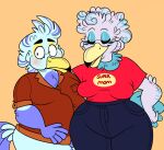  2017 5_fingers age_difference anthro avian beak beastofeuthanasia bird black_eyebrows black_tipped_beak blue_body blue_bottomwear blue_clothing blue_eyeshadow blue_feathers blue_hair blue_pants blush bottomwear breasts brown_dress_shirt button_(fastener) chest_tuft clothed clothing curled_hair digital_drawing_(artwork) digital_media_(artwork) duo embarrassed english_text eyebrows eyelashes eyes_closed eyeshadow feather_hair feathers female fingers flat_colors grey_body grey_feathers hair hand_on_hip hands_behind_back highlights_(coloring) larger_female lucas&#039;_mother lucas_(beastofeuthanasia) makeup male mature_anthro mature_female moobs mother_(lore) mother_and_child_(lore) mother_and_son_(lore) older_female open_beak open_mouth orange_background overweight overweight_anthro overweight_male pants pantsless pantsless_anthro pantsless_male parent_(lore) parent_and_child_(lore) parent_and_son_(lore) pink_tongue pockets pseudo_hair purple_body purple_feathers red_clothing red_shirt red_t-shirt red_topwear shirt short_hair short_tail simple_background size_difference smaller_male smile son_(lore) standing stork t-shirt tail tail_feathers text text_on_clothing thick_thighs thin_eyebrows tongue topwear tucked_shirt tuft wide_hips yellow_beak younger_male 