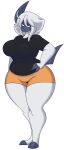  2024 3_toes absol absurd_res anthro barefoot big_breasts black_clothing black_shirt black_topwear blue_body bottomwear breasts clothed clothed_anthro clothed_female clothing dewwydarts feet female fur generation_3_pokemon hi_res law_(dewwydarts) looking_at_viewer multicolored_body nintendo orange_bottomwear orange_clothing orange_shorts pokemon pokemon_(species) shirt shorts simple_background solo tail thick_thighs toes topwear two_tone_body white_background white_body white_fur wide_hips 