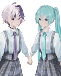  2girls androgynous aqua_eyes aqua_hair aqua_necktie blouse choker earrings flower_(vocaloid) hatsune_miku highres holding_hands jewelry long_hair looking_at_viewer multicolored_hair multiple_girls necktie pale_skin parted_lips pleated_skirt purple_eyes purple_necktie shirt short_hair sideways_glance skirt smile streaked_hair striped_necktie suspender_skirt suspenders tsurime twintails v_flower_(vocaloid4) very_long_hair vocaloid white_background white_hair yukihira_makoto 