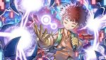  1boy akamine_naoki artist_logo artist_name atlurkabuterimon atlurkabuterimon_(red) backpack bag brown_hair closed_eyes digimon digimon_adventure electricity extra_arms gloves highres insect_wings male_focus orange_shirt shirt short_hair spiked_hair wings yellow_gloves 