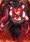  1girl animal_ear_fluff animal_ears blush boots breasts cleavage coat commission fire fox_ears fox_girl frilled_sleeves frills fur_collar hat headwear_request holding long_hair long_sleeves looking_at_viewer nail_polish original pants red_eyes red_hair skeb_commission slit_pupils smile solo takagi_mitsukuni thigh_gap tongue tongue_out very_long_hair 