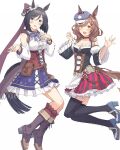  2girls animal_ears belt black_hair black_legwear blue_bow blue_bowtie blue_eyes blush boots bow bowtie bracelet breasts brown_hair brown_jacket cabbie_hat cleavage collarbone corset cosplay costume_switch dirndl eishin_flash_(umamusume) full_body german_clothes hands_up hat high_heels highres horse_ears horse_girl horse_tail jacket jewelry kawashina_(momen_silicon) looking_at_viewer matikane_tannhauser_(umamusume) medium_breasts medium_hair multiple_girls open_mouth pouch shirt short_hair skirt sleeveless sleeveless_jacket smile tail thighhighs umamusume white_background white_shirt yellow_eyes 