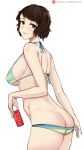  1girl absurdres alternate_breast_size ass bikini bikini_bottom_pull blue_bikini breasts brown_eyes brown_hair butt_crack can coca-cola drink_can halterneck highres holding holding_can kawakami_sadayo large_breasts looking_at_viewer looking_to_the_side nero_watch patreon_logo patreon_username persona persona_5 pulled_by_self short_hair sideboob simple_background soda_can solo strap_gap striped_bikini striped_clothes swimsuit web_address white_background 