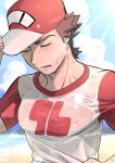  1boy artist_name beach brown_hair closed_eyes cloud cloudy_sky day harayan hat male_focus muscular muscular_male nipples ocean outdoors pectorals pokemon pokemon_sm red_(pokemon) red_hat red_shirt see-through see-through_shirt shirt short_hair short_sleeves sky solo sweat two-tone_hat two-tone_shirt upper_body wet wet_clothes wet_shirt white_hat white_shirt 