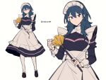  1girl alternate_costume apron black_dress blue_eyes blue_hair brown_footwear byleth_(female)_(fire_emblem) byleth_(fire_emblem) do_m_kaeru dress duster expressionless feather_duster fire_emblem fire_emblem:_three_houses full_body hair_between_eyes holding holding_duster long_hair long_sleeves looking_at_viewer maid maid_headdress pantyhose shoes simple_background twitter_username waist_apron white_apron white_background white_pantyhose 
