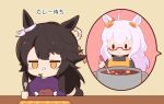  2girls animal_ears apron biwa_hayahide_(umamusume) black_hair black_shirt brown_apron brown_background chibi cooking cooking_pot food gomashio_(goma_feet) grey_hair holding holding_spoon horse_ears horse_girl horse_tail jitome ladle long_hair mouth_hold multiple_girls narita_brian_(umamusume) orange_eyes print_shirt purple_shirt shirt simple_background spoon stalk_in_mouth tail translation_request umamusume upper_body 