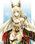  1girl animal_ears blue_background boots breasts cat_ears cat_girl core_crystal_(xenoblade) cowboy_shot dated gloves grey_hair highleg highleg_leotard highres hisin leotard long_hair looking_at_viewer nia_(blade)_(xenoblade) nia_(xenoblade) signature small_breasts solo thigh_boots twintails two-tone_background very_long_hair white_background white_footwear white_gloves white_leotard white_sleeves xenoblade_chronicles_(series) xenoblade_chronicles_2 yellow_eyes 