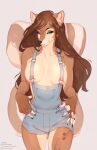  anthro big_tail blue_eyes braless breasts brown_hair clothing eyelashes female fluffy fluffy_tail hair half-closed_eyes hi_res long_hair mammal markings narrowed_eyes overalls overalls_only rodent sciurid solo spuydjeks striped_markings striped_tail stripes tail_markings zofia_squirrel 