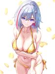  1girl absurdres bare_arms bare_shoulders bikini blue_eyes breasts coin colored_inner_hair commentary_request cowboy_shot hair_intakes hair_ornament highres honkai:_star_rail honkai_(series) large_breasts looking_at_viewer multicolored_hair navel pink_lips red_hair red_nails short_hair side-tie_bikini_bottom smile solo stomach streaked_hair swimsuit topaz_(honkai:_star_rail) white_background yellow_bikini zea_(zeamilky) 