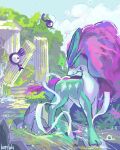  absurdres ayipee blue_skin broken_pillar closed_mouth cloud colored_skin day highres long_hair no_humans outdoors pokemon pokemon_(creature) purple_hair red_eyes ribbon river rock signature stone_pillar suicune unown very_long_hair water 