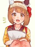  1girl animal_ears artist_name blurry blurry_foreground blush brown_eyes brown_hair collarbone commentary_request dango_hair_ornament ewa_(ewa0310) food-themed_hair_ornament hair_ornament holding horse_ears looking_at_viewer maid medium_hair official_alternate_costume paper portrait solo umamusume wa_maid white_background yukino_bijin_(umamusume) 