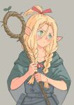  1girl blonde_hair blue_robe blush braid closed_mouth dungeon_meshi elf ephtracy green_eyes grey_background hashtag-only_commentary highres holding holding_staff looking_to_the_side marcille_donato nose_blush pointy_ears robe simple_background solo staff twin_braids upper_body v-shaped_eyebrows 