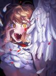  1girl absurdres bird_wings black_background blonde_hair blood blood_on_face dungeon_meshi falin_touden falin_touden_(chimera) falling_feathers fangs feathered_wings feathers from_side hands_on_own_face highres looking_at_viewer monster_girl open_mouth qichifuza short_hair slit_pupils solo teardrop tears upper_body wide-eyed wings yellow_eyes 