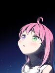  1girl ahoge blush close-up commentary green_eyes heterochromia highres himemori_luna hololive long_hair looking_afar looking_up meru_corone night night_sky outdoors parted_lips pink_hair purple_eyes sky solo symbol-only_commentary virtual_youtuber 