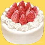  absurdres cake food food_focus fruit highres icing no_humans original strawberry yellow_background yukimomo74 